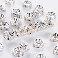 Honeyhandy Rhinestone Spacer Beads, Copper, Grade A, Flat Round, Silver Color Plated, AB Color, Clear AB, Size: about 8mm in diameter, 4mm thick, hole: 1.5mm