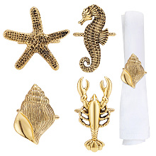 GORGECRAFT 4 Styles Nautical Napkin Rings Sea Animals Theme Alloy Napkin Rings Antique Golden Shell Sea Horse Shrimp Starfish Shape Napkin Holder Adornment for Wedding Dinner Party Table Decoration