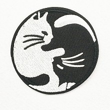 Honeyhandy Computerized Embroidery Cloth Iron on/Sew on Patches, Costume Accessories, Appliques, Flat Round with Cat Shape, Black & White, 75mm