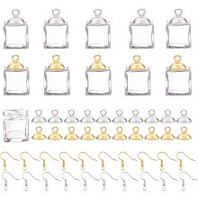 PandaHall Elite 20pcs Cube Glass Bottle Vial Charm Clear Wishing Bottle Miniature Empty Jars Message Bottle with Caps and 20pcs Earring Hooks, 20pcs Pendant Bails for DIY Pendant Earring Making