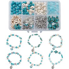 SUNNYCLUE 1 Box DIY 6Pcs Summer Ocean Theme 8mm Turquoise Beads Bracelets Shell Charms Bracelet Making Kit Turtle Beads for Jewelry Making Alloy Starfish Sandal Beads Necklace Anklets Craft Supplies