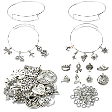 DIY Extendable Bangle with Charm Making Kit, Including Iron Bangle Making, Alloy Pendants, Pumpkin & Heart & Tree & Shell & Elephant & Christmas Reindeer, Antique Silver & Silver, 105Pcs/bag