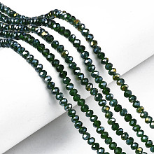 Honeyhandy Electroplate Glass Beads Strands, AB Color Plated, Faceted, Rondelle, Dark Green, 4x3mm, Hole: 0.4mm, about 123~127pcs/strand, 16.5~16.9 inch(42~43cm)