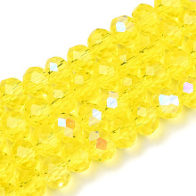 Honeyhandy Electroplate Glass Beads Strands, Half Rainbow Plated, Faceted, Rondelle, Champagne Yellow, 4x3mm, Hole: 0.4mm, about 123~127pcs/strand, 16.5~16.9 inch(42~43cm)