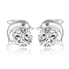 Honeyhandy Real Platinum Plated Dolphin Brass Stud Earrings, with Rhinestone, Crystal, 10x10mm