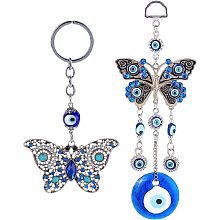 GORGECRAFT 2 Styles 2PCS Evil Eye Car Hanging Ornament Butterfly Pendant Hanging Blue Evil Eye Charm Car Rear View Mirror Hanging Accessories for Car Interior Decoration Home Window Office Garden