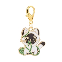 Honeyhandy Cat with Yarn Ball Alloy Enamel Pendants Decorations, Lobster Clasp Charms, for Keychain, Purse, Backpack Ornament, Golden, White, 43mm, Pendant: 25x25x1.5mm