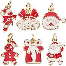 Beebeecraft 6Pcs 6 Styles Christmas Charms 18K Gold Plated Red & White Enamel Candy Cane Santa Claus Garland Gift Gingerbread Man Pendant Charms for DIY Necklace Earring Bracelet