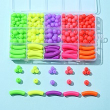 Honeyhandy 255Pcs 15 Style Fluorescent Acrylic Beads, Round & Curved Tube, Mixed Color, 8~32x8~10x8~10mm, Hole: 1.5~2mm