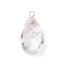 Honeyhandy Wire Wrapped Transparent Glass Pendants, Faceted, Teardrop, Silver, Clear, 45x22x12.5mm, Hole: 4mm