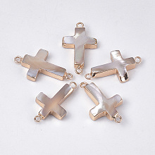 Honeyhandy Electroplate Trochus Shell Links connectors, with Iron Findings, Cross, Golden, Tan, 25x14x4mm, Hole: 2mm