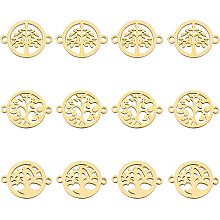 AHANDMAKER 12 Pcs Tree of Life Charm Connectors, 3 Styles Golden Flat Round Stainless Steel Links Connectors for DIY Jewelry Necklace Bracelet Keychain Making Crafting Findings, Hole: 1.5mm