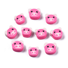 Honeyhandy Handmade Polymer Clay Beads, Pig, Hot Pink, 7.5~9.5x8.5~10.5x4mm, Hole: 1.5mm