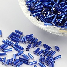 Honeyhandy Glass Bugle Beads, Silver Lined, Medium Blue, 6~8x1.8mm, Hole: 0.6mm, 1250pcs/50g