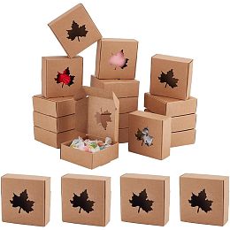 BENECREAT 30 Packs 3x3x1.2inch Kraft Paper Gift Boxes with Autumn Maple Leaf Visible Window, Square Drawer Boxes Cardboard Jewelry Gift for Birthday Party Favor Treats