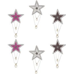 Arricraft 6 Pcs 3 Colors Pentagram Rhinestone Patches, Glitter Iron on Patches Star Shape Epaulets Shoulder Patches with Imitation Pearl and Dangling Pendant for Clothes Bag Shoes DIY Projects