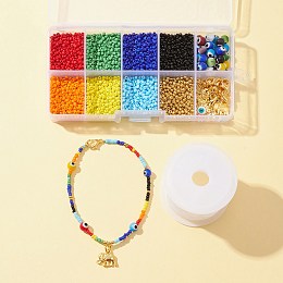 DIY Evil Eye Bracelet Necklace Making Kit, Including Glass Seed & Lampwork Round Bead, Hand & Moon & Elephant Alloy & 304 Stainless Steel Pendants, Mixed Color, Pendant: 7pcs/box