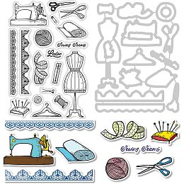 GLOBLELAND 1Set Vintage Sewing Cut Dies and Clear Stamp Set Sewing Machine and Lace Border Embossing Template and Silicone Stamp for Scrapbook Card DIY Craft