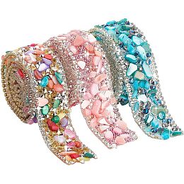 PandaHall Elite 1.5 Yard 3 Colors Crystal Rhinestone Trim, 2cm/0.7 Inch Hot Fix Ribbon Gem Stone Beaded Iron On Applique Embellishment for DIY Wedding Bridal Dress Shoes Phone Decor, Pink/Blue/Rainbow