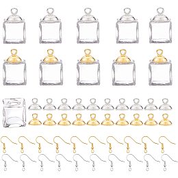 PandaHall Elite 20pcs Cube Glass Bottle Vial Charm Clear Wishing Bottle Miniature Empty Jars Message Bottle with Caps and 20pcs Earring Hooks, 20pcs Pendant Bails for DIY Pendant Earring Making