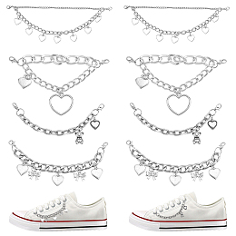 WADORN 4 Style Alloy Shoe Chain Straps, with Lobster Claw Clasp & Heart Charms, for High Top Canvas Sneaker, Platinum, 123~191x3.5~10mm