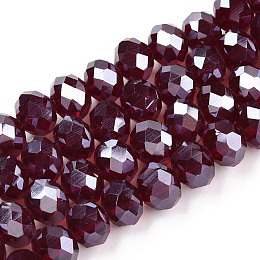 Honeyhandy Electroplate Glass Beads Strands, Pearl Luster Plated, Faceted, Rondelle, Dark Red, 8x6mm, Hole: 1mm, about 65~72pcs/strand, 15.7~16.1 inch(40~41cm)