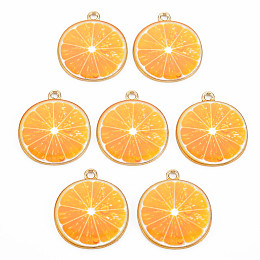 Light Gold Alloy Enamel Pendants, Cadmium Free & Nickel Free & Lead Free, Light Gold, Orange Slice, Orange, 26x23x2mm, Hole: 2mm