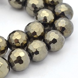 Honeyhandy Round Non-magnetic Synthetic Hematite Beads Strands, Imitation Pyrite, Faceted, Antique Bronze Plated, 8mm, Hole: 1mm, about 46pcs/strand, 16 inch