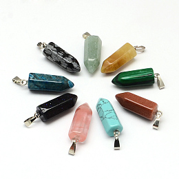 Honeyhandy Pencil Natural & Synthetic Mixed Stone Point Pendants, with Platinum Tone Brass Findings, Mixed Color, 26x8x8mm, Hole: 6x2mm