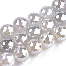 Honeyhandy Electroplate Natural Agate Beads Strands, Dyed, Faceted, Pearl Luster Plated, Round, Creamy White, 10.5mm, Hole: 1.2mm, about 36~37pcs/strand, 14.37 inch~14.57 inch(36.5cm~37cm)