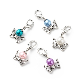 Baking Painted Pearlized Glass Pearl Round Bead Pendant Decorations, with Alloy Lobster Claw Clasps and Butterfly Beads, Mixed Color, 34mm