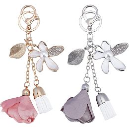 CHGCRAFT 2Pcs 2 Colors Flower Keychain Rhinestone Keychain with Tassel Daisy Bling Car Key Chain for Woman Wallet Bag Pendant Charms, Platinum Golden 150mm