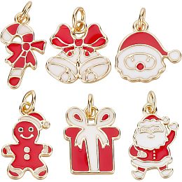 Beebeecraft 6Pcs 6 Styles Christmas Charms 18K Gold Plated Red & White Enamel Candy Cane Santa Claus Garland Gift Gingerbread Man Pendant Charms for DIY Necklace Earring Bracelet