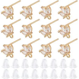 DICOSMETIC 12Pcs Brass Cubic Zirconia Earring Studs Flower with 1mm Earring Findings 18K Gold Plated Diamond Stud Earrings and 30Pcs Plastic Ear Nuts for Jewelry Making, Hole: 1mm