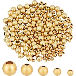 PandaHall Elite 250pcs 18k Gold Plated Spacer Beads, 5 Size Round Brass Beads Matte Smooth Loose Beads for Summer Bracelet Necklace Jewelry DIY Crafts, 7/6/5/4/3mm