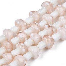 Honeyhandy Mushroom Handmade Lampwork Beads Strands, Misty Rose, 12.5~14x10~11mm, Hole: 1.5mm, about 24~25pcs/strand, 12.20 inch~12.99 inch(31cm~33cm)