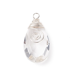 Honeyhandy Wire Wrapped Transparent Glass Pendants, Faceted, Teardrop, Silver, Clear, 45x22x12.5mm, Hole: 4mm