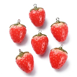 Honeyhandy Opaque Resin Pendants, Strawberry Charms, Imitation Food, with Platinum Tone Iron Loops, Red, 28~29x20x20mm, Hole: 2mm