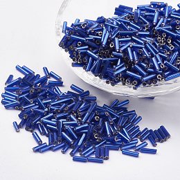 Honeyhandy Glass Bugle Beads, Silver Lined, Royal Blue, 12x2mm, Hole: 0.5mm, about 5000pcs/bag