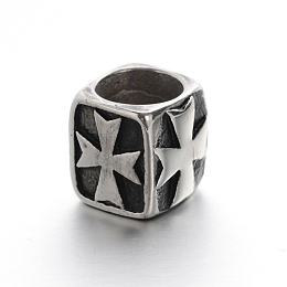 Honeyhandy Retro Smooth 304 Stainless Steel Large Hole Cube Beads with Cross, Antique Silver, 11.5x11.5x11.5mm, Hole: 8.5mm