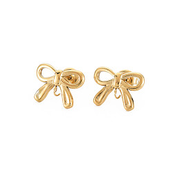 Honeyhandy Ion Plating(IP) 304 Stainless Steel Stud Earring Findings, with Ear Nuts and Loops, Bowknot, Real 14K Gold Plated, 12x15mm, Hole: 1.8mm, Pin: 0.7mm