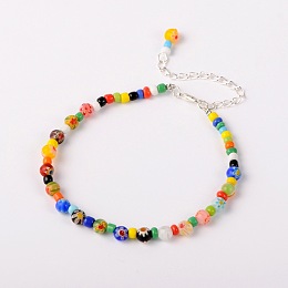 Honeyhandy Handmade Millefiori Glass Beads Anklets, with Zinc Alloy Lobster Claw Clasps and Iron End Chains, Colorful, 235mm