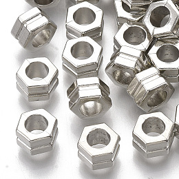 Honeyhandy Plating ABS Plastic European Beads, Large Hole Beads, Grooved Beads, Hexagon, Platinum, 6.5x7.5x4.5mm, Hole: 3.5mm