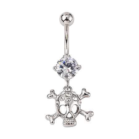 Honeyhandy Piercing Jewelry Real Platinum Plated Brass Rhinestone Pirate Style Skull Navel Ring Belly Rings, Crystal, 40x15mm, Bar Length: 3/8
