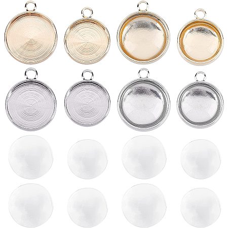 CHGCRAFT 16Pcs 2 Sizes Brass Steel Bezel Tray Pendant with Glass Cabochons for Resin Photo Jewelry Necklace Making Round