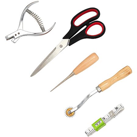 NBEADS 5 Pcs Leather Working Tools, Tracing Wheel Hole Punch Bead Awls Scissors Tape Measure DIY Making Kit for Leather Crafts