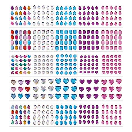 PandaHall Elite 470pcs 5 Shapes 5 Colors Self-Adhesive Acrylic Rhinestone Sticker, Drop/Heart/Oval/Round/Octagon Craft Jewels Crystal Colorful DIY Gem Stickers for Nail Art Makeup Body Scrapbooking
