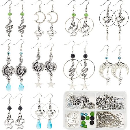 SUNNYCLUE 1 Box DIY 10 Pairs Snake Charms Cobra Charm Earring Making Starter Kit Star Hollow Moon Crescent Charm Sword Animal Charms for Jewelry Making Kits Rondelle Beads Linking Ring Adult Women