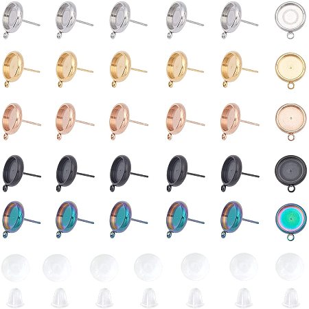 UNICRAFTALE About 20 Sets 5 Colors 10mm Tray Flat Round Stud Earring Blanks with Glass Cabochons Stainless Steel Blank Bezel Tray Base Stud Earring Cabochon Settings for Jewelry Making DIY