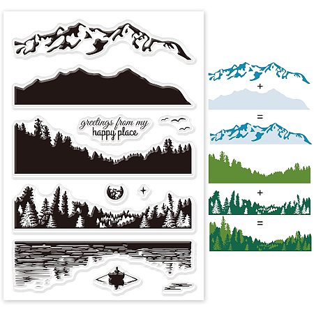 GLOBLELAND Mountain Lake Scenery Edge Border Silicone Clear Stamps Transparent Stamps for Birthday Valentine's Day Cards Making DIY Scrapbooking Photo Album Decoration Paper Craft